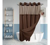 Juego de cortina de ducha texturizada sin gancho con forro de PEVA a presión, 71 x 74 pulgadas, estilo hotel con ventana superior transparente, lavable a máquina y repelente al agua, marrón chocolate,