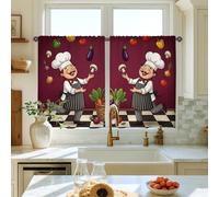 Juego de cortinas de cocina para cocinero, diseño de hongos caricaturescos y verduras de otoño borgoña escalonadas para ventana pequeña de área de fregadero de caravana, ventana estrecha de 26 x 36