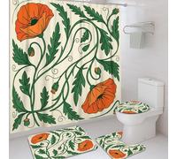 Juego de cortinas de ducha con diseño de amapolas, flores y hojas de brote, color naranja, poliéster, impermeable, juego de cortina de ducha y tapete de baño, decorativo para habitación de invitados