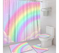 Juego de cortinas de ducha con diseño de arcoíris, nubes juguetonas, estrellas, primavera, pastel, melocotón, tela impermeable, juego de cortina de ducha y alfombra para tina, decoración de habitación