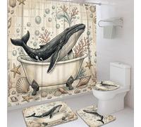 Juego de cortinas de ducha con diseño de ballena, burbujas de coral náuticas costeras, color azul, lavable, con ganchos, cortina de ducha y alfombra para baño, bañera, apartamento, decoración de 72 x