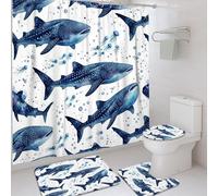Juego de cortinas de ducha con diseño de ballena, diseño de burbujas de medusas, color azul, de verano, impermeable, de poliéster, con alfombras, para decoración de apartamentos, 72 x 72 pulgadas
