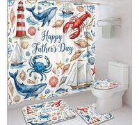 Juego de cortinas de ducha con diseño de ballena, diseño náutico, faro costero, cangrejo, día del padre, azul, tela impermeable, juego de cortinas de baño con alfombras para tina, decoración de