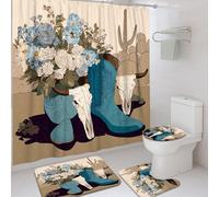 Juego de cortinas de ducha con diseño de calavera, botas rústicas occidentales, flores, color azul, lavable, con ganchos, cortina de ducha y alfombrilla de baño, para decoración del hogar, baño, hotel