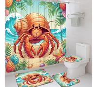 Juego de cortinas de ducha con diseño de cangrejo, para verano, playa, conchas, estrellas de mar, verano, naranja, poliéster, impermeable, juego de cortina de ducha y tapete de baño, para decoración