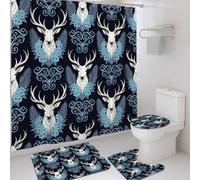 Juego de cortinas de ducha con diseño de ciervo, flores rústicas bohemias, hojas de otoño, color azul marino, juego de baño de tela impermeable con cortina de ducha y alfombras decorativas para