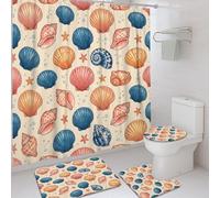 Juego de cortinas de ducha con diseño de concha, estrellas de mar náuticas costeras y burbujas de agua, color azul verano, lavable, con ganchos, cortina de ducha y tapete de baño, decoración para