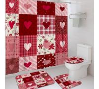 Juego de cortinas de ducha con diseño de corazón, diseño de flores románticas de San Valentín, color rojo, lavable, con ganchos, cortina de ducha y alfombrilla de baño, juego decorativo para bañera y