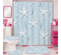 Juego de cortinas de ducha con diseño de estrella de mar, conchas náuticas costeras, algas marinas, verano, de poliéster, impermeable, con cortina de ducha y alfombras para el hogar, baño, decoración