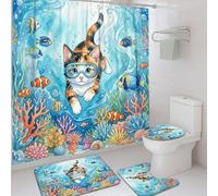 Juego de cortinas de ducha con diseño de gato, peces acuáticos juguetones, coral, verano, azul, tela impermeable, juego de cortina de ducha y tapete de baño, decoración para bañera y dormitorio, 72 x