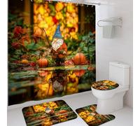 Juego de cortinas de ducha con diseño de gnomo, hojas naranjas y verdes, accesorios de baño para decoración de otoño, cortina de tela impermeable de madera rústica con ganchos, 72 x 72 pulgadas