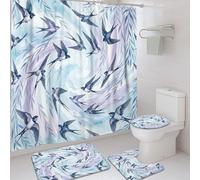 Juego de cortinas de ducha con diseño de golondrinas, acuarela, hojas naturales, ondas, color azul primavera, lavable, con ganchos, cortina de ducha y tapete de baño, decoración de apartamento, 72 x