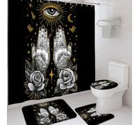 Juego de cortinas de ducha con diseño de manos bohemias y místicas de ojo de rosa, color negro, lavable, con ganchos, cortina de ducha y tapete de baño, decoración de apartamento, 72 x 72 pulgadas