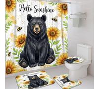 Juego de cortinas de ducha con diseño de oso y girasol, color amarillo, de verano, tela impermeable, juego de cortina de ducha y tapete de baño para bañera, decoración de habitación de invitados, 72 x