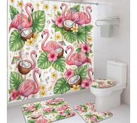 Juego de cortinas de ducha con diseño de pájaros tropicales, coco, hibisco, verano, melocotón, tela impermeable, juego de cortina de ducha y tapete de baño, decorativo para habitación de invitados, 72