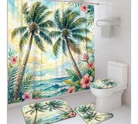 Juego de cortinas de ducha con diseño de palmeras, flores tropicales, océano, verano, color verde, lavable, con ganchos, cortina de ducha y tapete de baño, para decoración del hogar, baño, hotel, 72 x