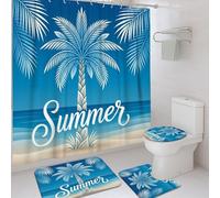 Juego de cortinas de ducha con diseño de palmeras, verano, tropical, océano, arena, verano, azul, lavable, con ganchos, cortina de ducha y tapete de baño para tina, decoración de habitación de