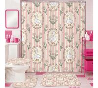 Juego de cortinas de ducha con diseño de pato, diseño de flores y rayas, color melocotón, de poliéster, impermeable, con estampado de cortinas y alfombras decorativas para baño, baño, dormitorio, 72 x
