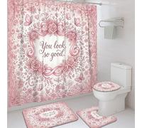 Juego de cortinas de ducha con diseño de rosas, diseño romántico de mariposa, corazón, primavera, melocotón, tela impermeable, juego de cortina de ducha y tapete de baño, decorativo para habitación de