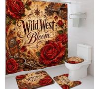 Juego de cortinas de ducha con diseño de rosas rústicas occidentales, de poliéster rojo otoñal, cortina de ducha y tapete de baño, juego de cortina de ducha y tapete de baño para bañera, decoración de
