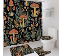 Juego de cortinas de ducha con diseño de setas, diseño botánico vintage de flores de helecho otoñal, color negro, lavable, con ganchos, cortina de ducha y tapete de baño, juego decorativo para bañera