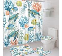 Juego de cortinas de ducha con diseño de tortuga, peces de coral natural marino, color azul verano, tela impermeable, juego de cortina de ducha y tapete de baño para bañera, decoración de habitación