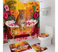 Juego de cortinas de ducha con estampado de leopardo, diseño de mariposas de hibisco tropical vibrante, verano, melocotón, juego de baño de tela impermeable con cortinas y alfombras para baño, bañera