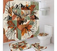 Juego de cortinas de ducha de alce, rústico, naturaleza, montañas, ramas, otoño, verde, lavable, con ganchos, cortina de ducha y tapete de baño para el hogar, baño, decoración de hotel, 72 x 72