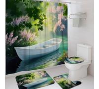 Juego de cortinas de ducha de barco, flores serenas de naturaleza, color verde manantial, lavable, con ganchos, cortina de ducha y alfombrilla de baño para tina, decoración de habitación de invitados