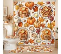 Juego de cortinas de ducha de calabazas, diseño de tortitas rústicas de otoño, jarabe de arce, color naranja otoñal, juegos de baño de tela impermeable con cortina de ducha y alfombras decorativas