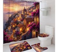 Juego de cortinas de ducha de casas, estilo mediterráneo, romántico, buganvilla, puesta de sol, verano, violeta, tela impermeable, juego de baño con cortinas de tela estampada y alfombras para tina