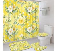 Juego de cortinas de ducha de flores, flores de primavera, color amarillo, tela impermeable, cortina de ducha y alfombrilla de baño, para decoración de baño, bañera, apartamento, 72 x 72 pulgadas