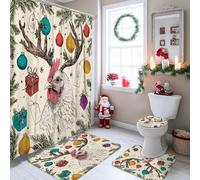 Juego de cortinas de ducha de gallo, adornos navideños festivos, cajas de regalo, color rojo, lavable, con ganchos, juego de baño con cortinas de tela estampada y alfombras para decoración de baño