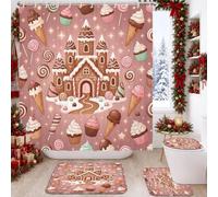 Juego de cortinas de ducha de invierno con temática de postre de castillo | Estampado de castillo de jengibre, motivos de postre fantásticos, detalles de cono de helado, paleta pastel suave