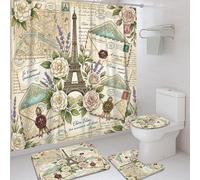 Juego de cortinas de ducha de la Torre de París, vintage, románticas, flores, letras, primavera, crema, lavable, con ganchos, cortina de ducha y tapete de baño, para decoración del hogar, baño, hotel
