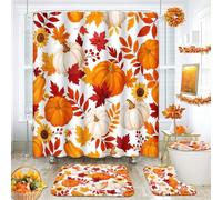 Juego de cortinas de ducha de otoño con alfombras, juego de baño naranja calabaza otoñal con alfombra antideslizante, cubierta de tapa de inodoro, alfombrilla de baño y 12 ganchos, 72 x 72 pulgadas,