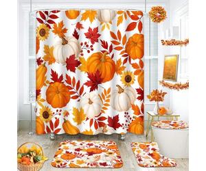Juego de cortinas de ducha de otoño con alfombras, juego de baño naranja calabaza otoñal con alfombra antideslizante, cubierta de tapa de inodoro, alfombrilla de baño y 12 ganchos, 72 x 72 pulgadas,