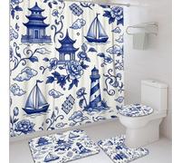Juego de cortinas de ducha de pagoda, diseño tradicional oriental de velero, faro azul primavera, lavable, con ganchos, cortina de ducha y alfombra para bañera, decoración de habitación de invitados