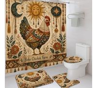Juego de cortinas de ducha de pollo, bohemio, rústico, sol, luna, otoño, verde azulado, poliéster, impermeable, juego de cortina de ducha y tapete de baño para baño, bañera, apartamento, decoración de