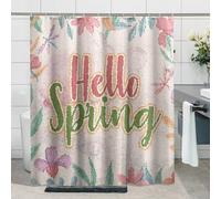 Juego de cortinas de ducha de primavera con 12 ganchos, diseño de palabra de Hello Spring, estilo rústico, libélula y flores, rosa, verde, poliéster, decoración para baño, dormitorio, apartamento