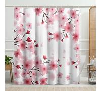 Juego de cortinas de ducha de primavera con 12 ganchos, pintura en acuarela, hermosas flores, estilo chino, ramas de árbol, color rosa y blanco, poliéster, decoración de baño, tela impermeable, 72 x