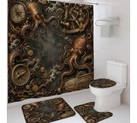 Juego de cortinas de ducha de pulpo, Steampunk náutica, cadena de brújula, bronce, poliéster, impermeable, juego de cortina de ducha y tapete de baño para el hogar, baño, decoración de hotel, 72 x 72