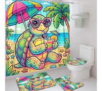 Juego de cortinas de ducha de tortuga, sombrilla de playa de verano, palmera, verano, poliéster, impermeable, cortina de ducha y tapete de baño, juego de cortina de ducha y alfombra de baño para