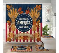 Juego de cortinas de ducha de trigo, hojas rústicas patrióticas, estrellas, cosecha, azul marino, juego de baño de tela impermeable con cortinas de tela estampada y alfombras para tina, decoración de