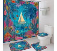 Juego de cortinas de ducha de velero, hojas de palma costeras tropicales, coral, verano, turquesa, lavable, con ganchos, cortina de ducha y alfombras decorativas para habitación de invitados, 72 x 72