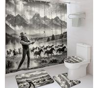 Juego de cortinas de ducha estilo vaquero, estilo rústico occidental, montañas y caballos, verano, tela impermeable, juego de cortina de ducha y tapete de baño, decoración para bañera y dormitorio, 72