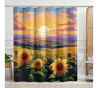 Juego de cortinas de ducha florales con 12 ganchos, primavera, girasol, paisaje, naturaleza, planta, puesta de sol, cielo, naranja, verde, poliéster, baño, decoración, casa, apartamento, dormitorio