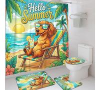 Juego de cortinas de ducha para perro, diseño tropical de verano, color amarillo, tela impermeable, juego de cortina de ducha y tapete de baño, decoración para habitación de invitados, 72 x 72
