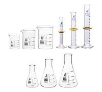 Juego de cristalería premium, 9 piezas, incluye 3 vasos, 3 frascos Erlenmeyer y 3 cilindros de medición ASTM, clase A, vidrio de borosilicato 3.3 - Eisco Labs