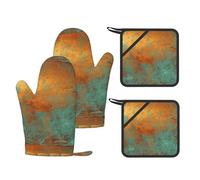 Juego de Cuatro Piezas de Guantes y Manoplas Resistentes al Calor para Hornear, Guantes de Cocina Antideslizantes, Manoplas para Horno, Elegante Acabado metálico con pátina de Cobre Intenso.